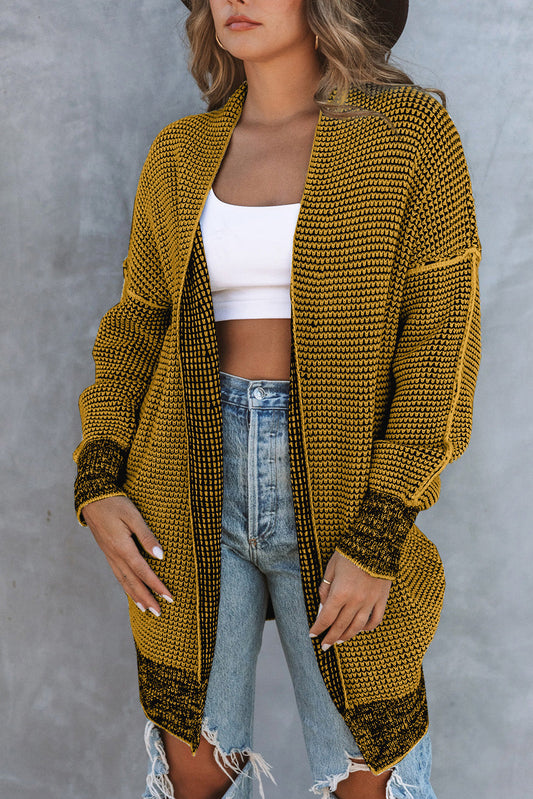 Plaid Knitted Long Open Front Yellow Cardigan