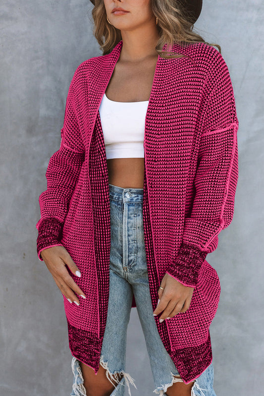 Plaid Knitted Long Open Front Rose Cardigan